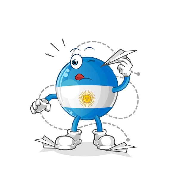 Vetor bandeira da argentina com personagem de avião de papel. vetor mascote dos desenhos animados