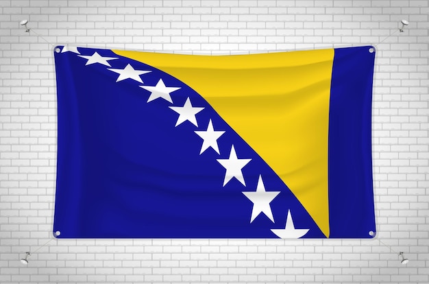 Bandeira da bósnia e herzegovina pendurada na parede de tijolos. desenho 3d. bandeira pendurada na parede.