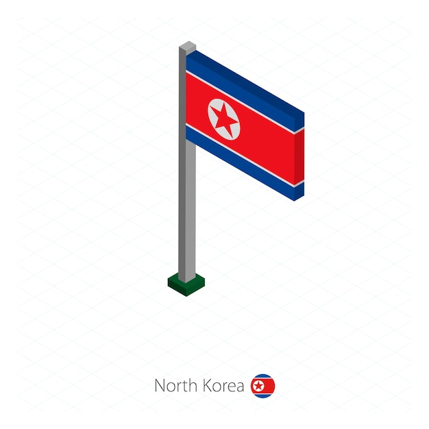 Bandeira da coreia do norte no mastro em dimensão isométrica ilustração vetorial de fundo azul isométrico