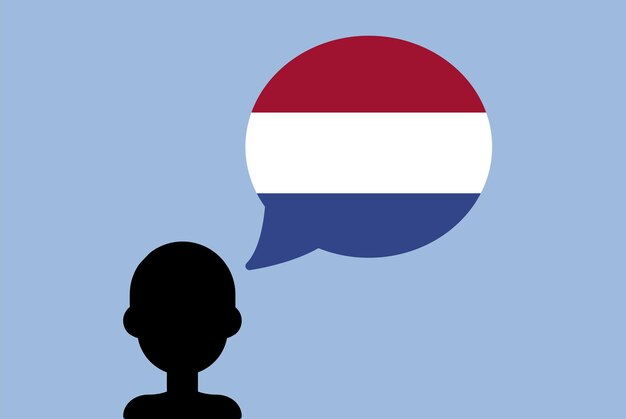 Vetor bandeira da holanda com homem de silhueta de balão de fala com bandeira do país aprendendo a língua holandesa