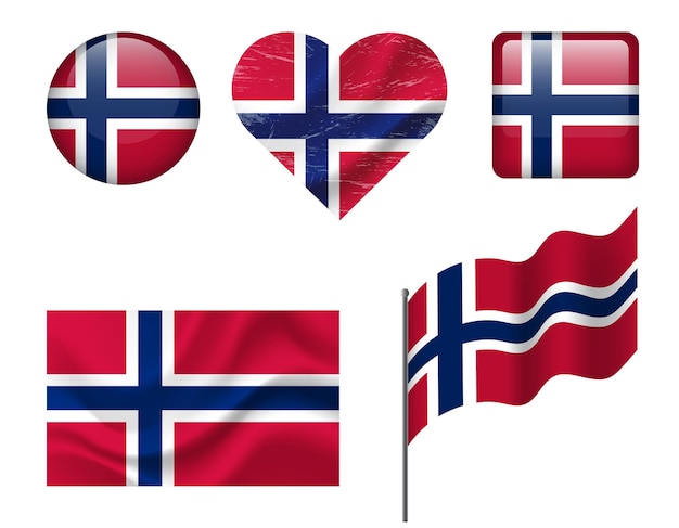Bandeira da Noruega conjunto de ícones Bandeira vetorial da Noruega símbolo Conjunto de bandeiras norueguesas botão coração agitado