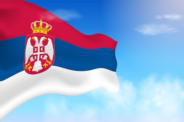 Bandeira da sérvia nas nuvens. bandeira de vetor acenando no céu. ilustração realista da bandeira do dia nacional.