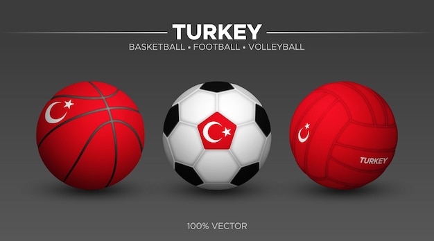 Bandeira da turquia basquete futebol bolas de vôlei maquete 3d vetor esporte ilustração isolada