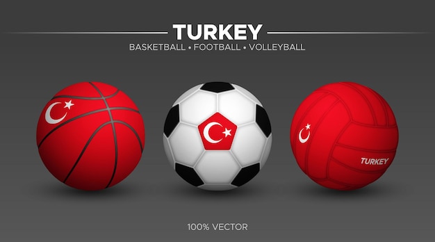 Bandeira da turquia basquete futebol bolas de vôlei maquete 3d vetor esporte ilustração isolada