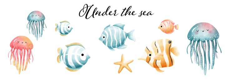 Vetor bandeira de água-viva e peixe sob o mar ilustração vetorial