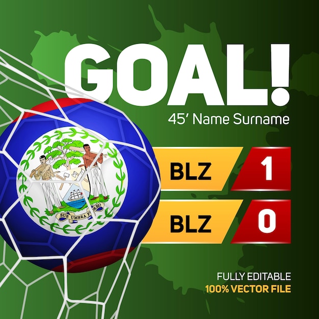 Vetor bandeira de belize, maquete de bola de futebol, marcando gol, placar de gol, ilustração vetorial 3d