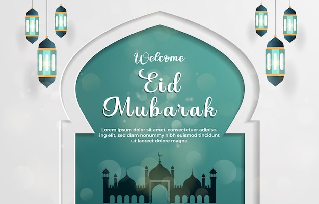 Bandeira de boas-vindas ao Eid Mubarak com um belo ornamento islâmico com desenho de fundo branco 96