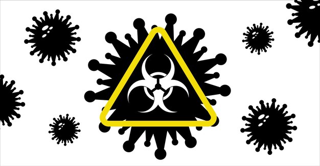 Bandeira de conceito de aviso secreto de coronavírus pandêmico com sinal de risco biológico e símbolos de vírus ...