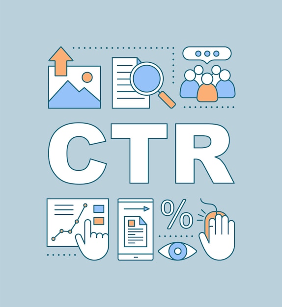 Bandeira de conceitos de palavra ctr. taxa de cliques. tráfego do site. taxa de conversão. métricas e ferramentas de smm. ideia de tipografia de letras isoladas com ícones lineares. ilustração de contorno vetorial