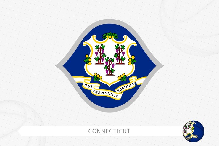 Vetor bandeira de connecticut para competição de basquete em fundo cinza de basquete.
