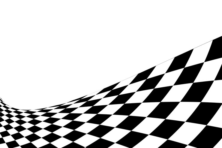 Vetor bandeira de corrida ondulada ou textura de tabuleiro de xadrez padrão a xadrez preto e branco deformado em perspectiva