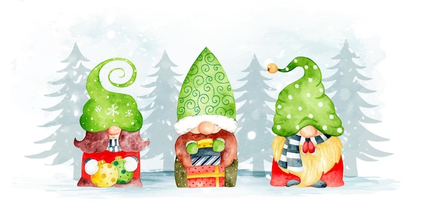 Bandeira de gnomo de Natal desenhada à mão em aquarela