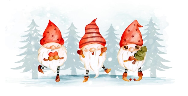 Bandeira de gnomo de Natal desenhada à mão em aquarela