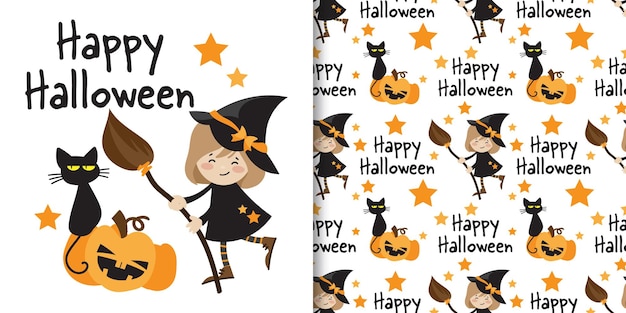 Bandeira de Halloween e padrão sem costura de bruxa com gato preto abóbora de Halloween em fundo branco