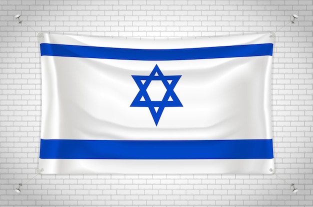 Bandeira de israel pendurada na parede de tijolos. desenho 3d. bandeira pendurada na parede. desenhando ordenadamente em grupos