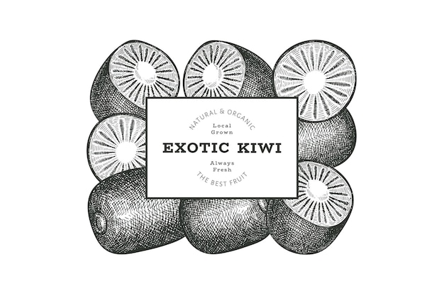 Bandeira de kiwi de estilo de esboço desenhado de mão. ilustração do vetor de frutas frescas orgânicas. modelo de design retrô de kiwi