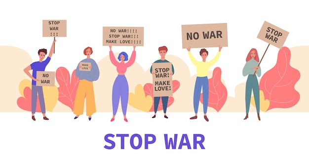 Bandeira de manifestação de parada de guerra - jovens desenhos animados segurando cartazes de protesto