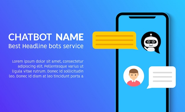 Bandeira de marketing de serviço de vetor plana de chatbot telefonema. Aplicativo de smartphone com suporte para bot de bate-papo