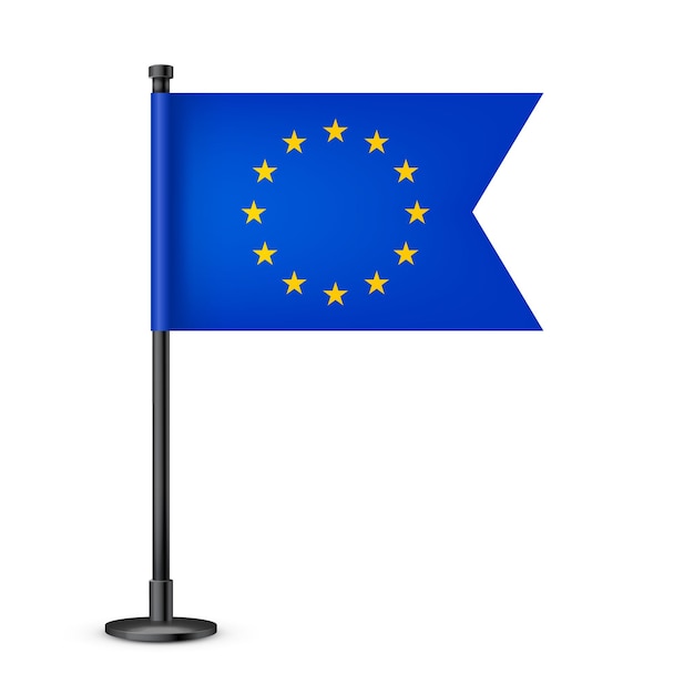 Vetor bandeira de mesa europeia realista num poste de aço preto lembrança da europa bandeira de mesa feita de papel ou