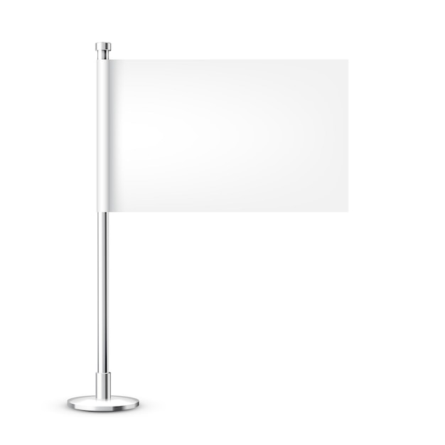 bandeira de mesa realista em um poste de aço cromado bandeira de secretária branca em branco feita de papel ou tecido suporte de metal brilhante maquete para promoção e publicidade ilustração vetorial