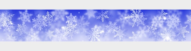 Bandeira de natal de flocos de neve complexos e claros em cores brancas sobre fundo azul com repetição horizontal