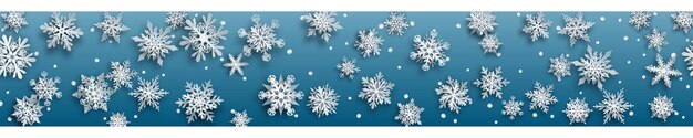 Bandeira de Natal de flocos de neve de papel complexo branco com sombras suaves em fundo azul claro com repetição horizontal
