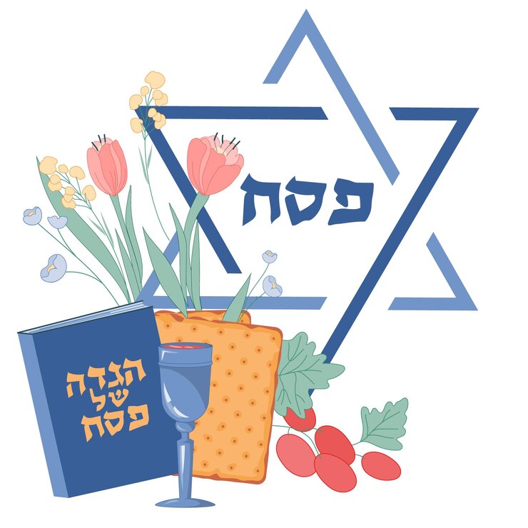 Vetor bandeira de páscoa judaica ou cartão de felicitações com texto magen david em hebraico no conto de páscoa do livro