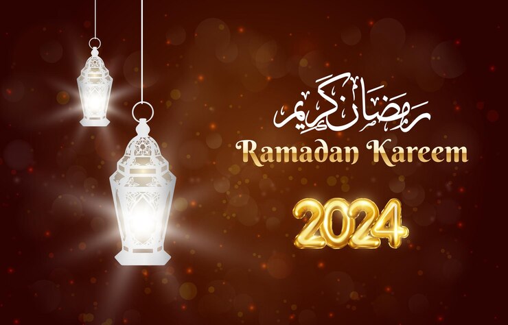 Vetor bandeira de ramadan kareem 2024 com desenho de fundo islâmico vermelho e amarelo 1