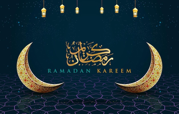 Vetor bandeira de ramadan mubarak com ornamento islâmico e desenho de fundo azul escuro com gradiente abstrato 15