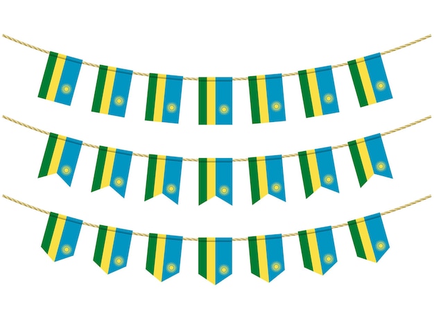 Bandeira de ruanda nas cordas em fundo branco. conjunto de sinalizadores de estamenha patriótica. decoração de bandeirinhas da bandeira de ruanda