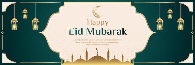Bandeira de saudação do Eid Mubarak com Lanterna Dourada da Mesquita e Lua Crescente