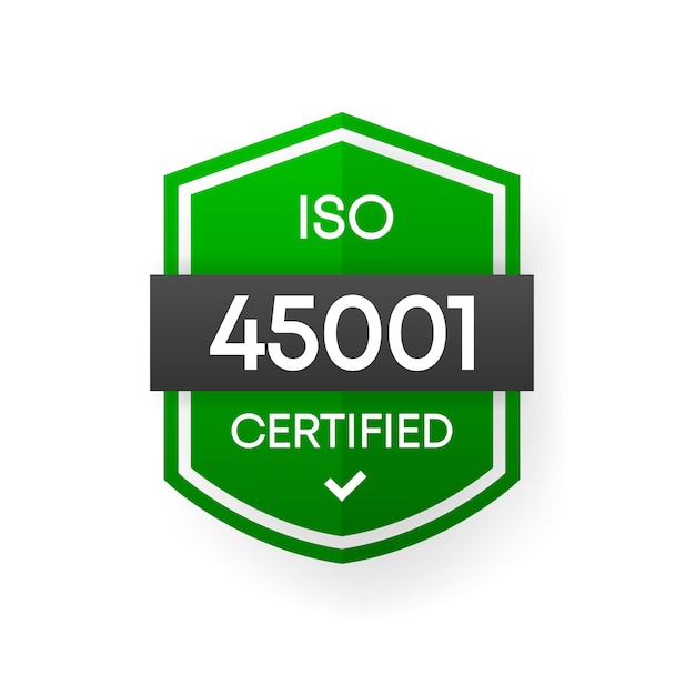 Bandeira de vetor verde com certificação iso 45001. etiqueta de certificação plana isolada no fundo branco. conceito de segurança alimentar. ilustração vetorial