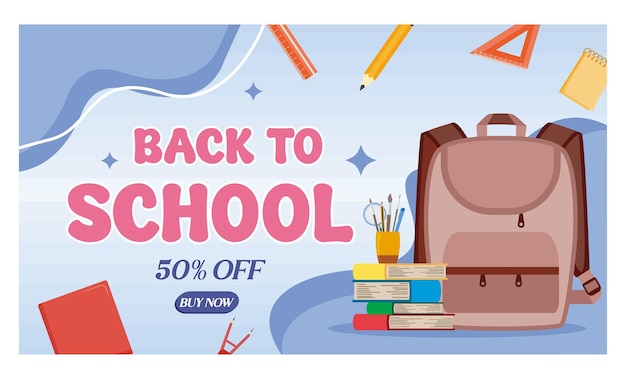 Bandeira de volta à escola com mochilas e livros relógio e lápis com lâmpada de mesa vetor plano ilustração moderna