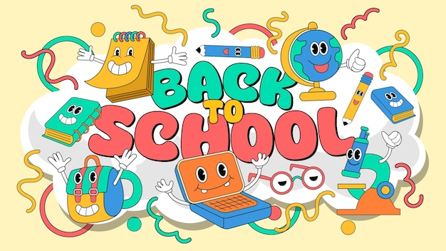 Bandeira de volta à escola com uma linda ilustração de personagens de desenho animado