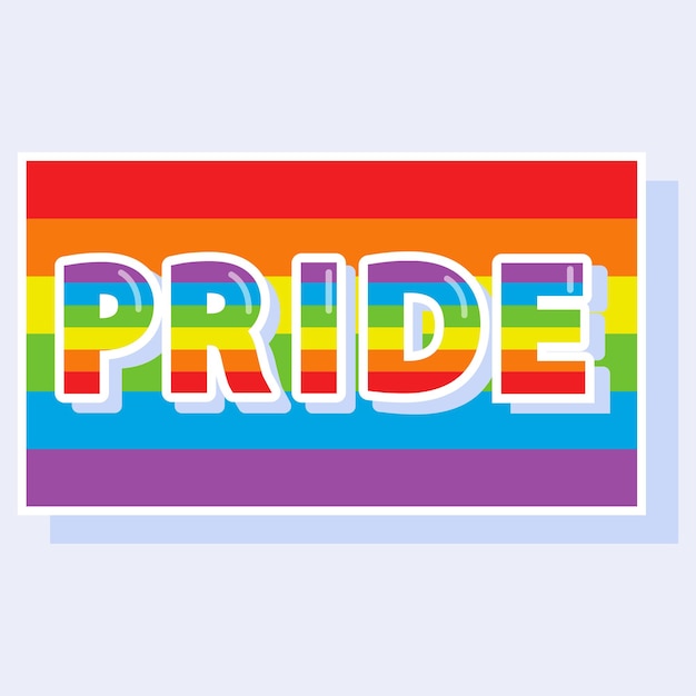 Bandeira do arco-íris de orgulho. letras brilhantes. adesivo, adesivo sobre um fundo claro.