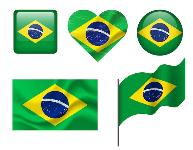 Bandeira do Brasil conjunto de ícones Bandeira vetorial do Brasil símbolo Conjunto de bandeiras brasileiras botão coração agitado