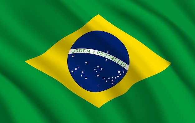 Bandeira do Brasil, símbolo oficial brasileiro de cores verdes e amarelas com globo azul, estrelas e linha. Bandeira nacional do país realista da república federativa brasileira acenando ondas de tecido textura 3d