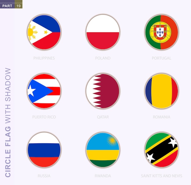 Bandeira do círculo com sombra, coleção de nove bandeira redonda. bandeiras vetoriais de 9 países: filipinas, polônia, portugal, porto rico, qatar, romênia, rússia, ruanda, são cristóvão e nevis