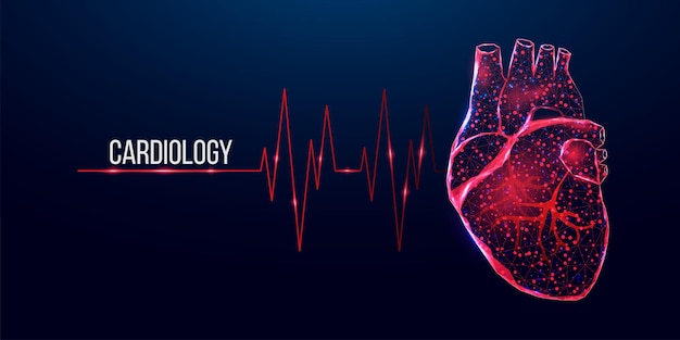 Bandeira do conceito de cardiologia. coração vermelho de estilo poli baixo em estrutura de arame. ilustração em vetor 3d moderna abstrata em fundo azul escuro.