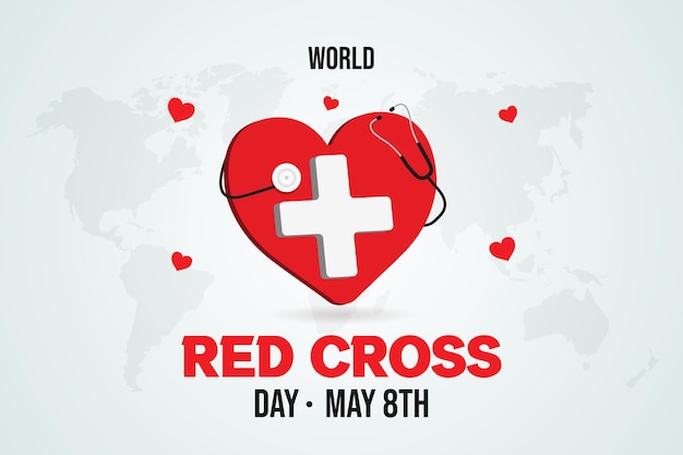Bandeira do dia mundial da cruz vermelha 8 de maio com ilustração de cruz e coração no fundo do mapa do mundo