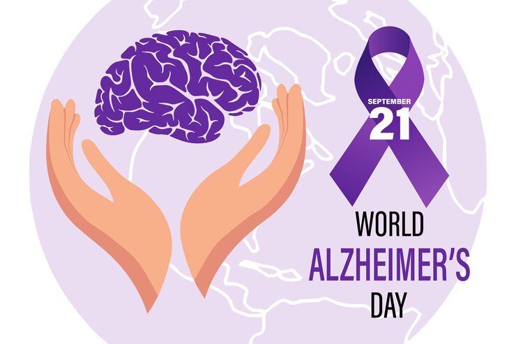 Vetor bandeira do dia mundial de alzheimer fita roxa de conscientização e cérebro humano nas mãos ilustração poste
