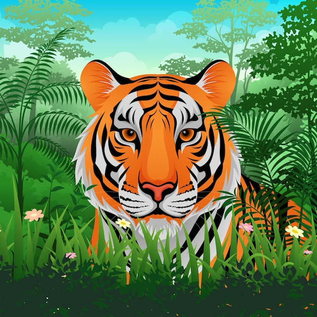 Bandeira do Dia Mundial do Tigre Tigre no deserto exuberante ilustração vetorial