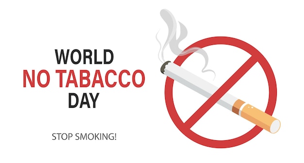 Bandeira do Dia Mundial Sem Tabaco com cigarro e sinal proibido Parar de fumar
