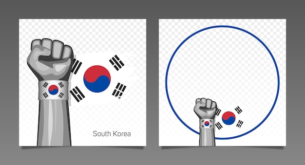 Vetor bandeira do grunge da coreia do sul bandeiras de quadro de vitória patriótica definidas mão levantada no ar dia da independência