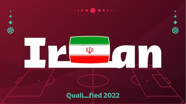 Bandeira do irã e texto no fundo do torneio de futebol de 2022 ilustração vetorial padrão de futebol para site de cartão de banner bandeira nacional irã