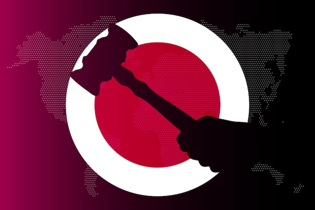 Bandeira do japão com lei de conceito de corrupção de martelo de juiz ou banner de notícias de resultado legal