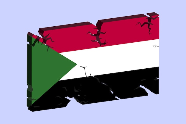 Bandeira do Sudão no padrão de fratura de vetor de parede rachada 3D com conceito de problemas de textura rachada