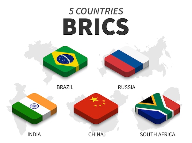 Vetor bandeira dos brics. associação de 5 países e mapa no fundo branco. design superior isométrico. vector