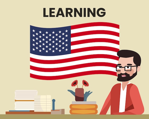 Bandeira dos EUA com um professor do sexo masculino aprendendo ou ensinando o conceito de escola de idiomas dos EUA