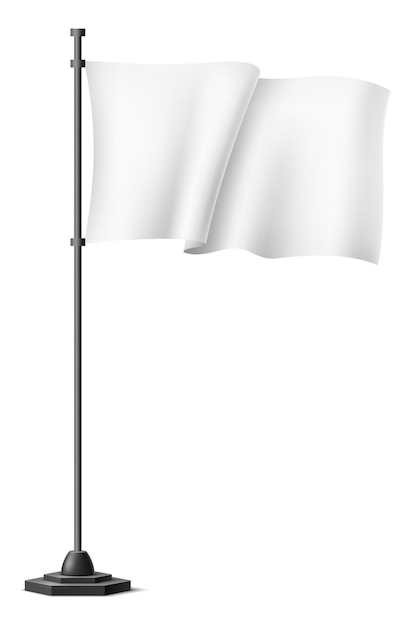 Bandeira em branco realista. Pano branco ondulado em uma vara isolada no fundo branco